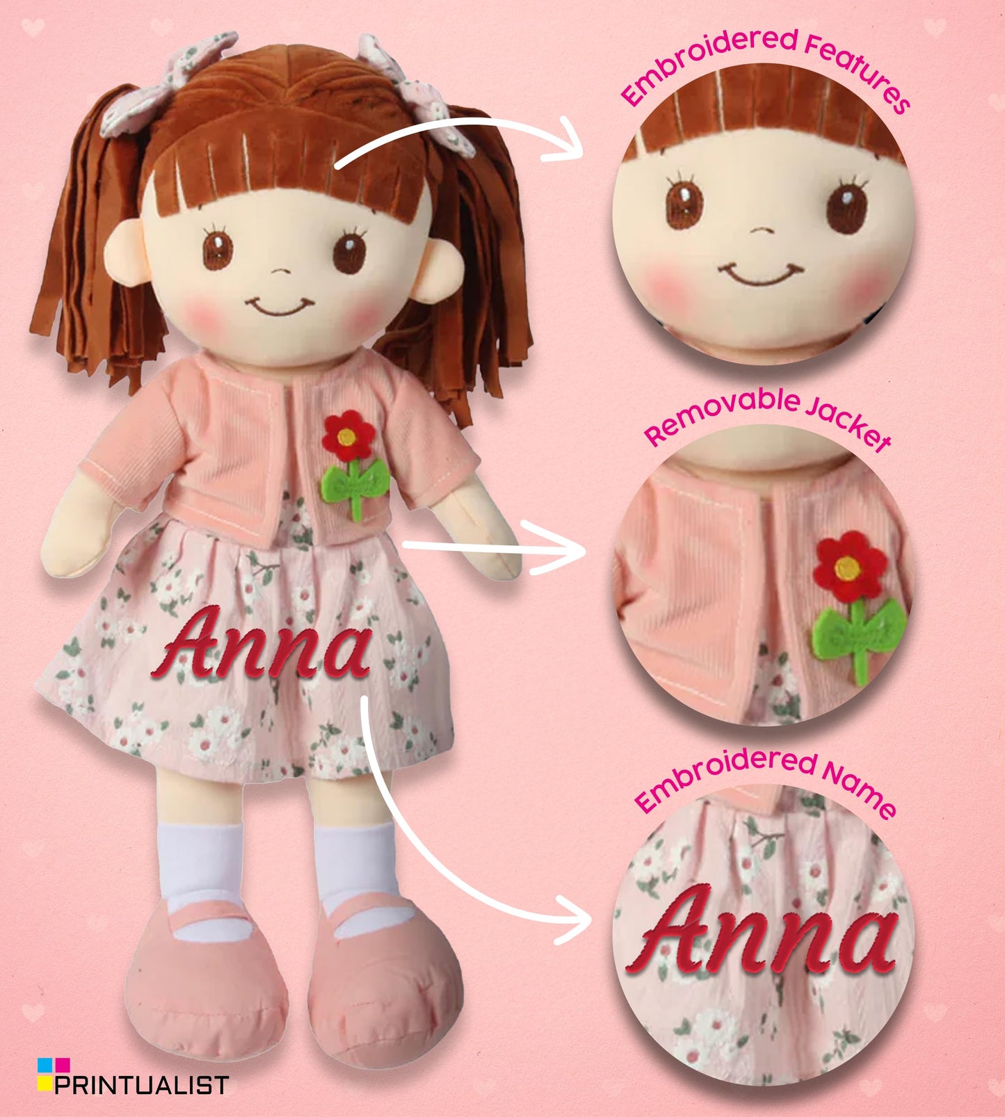 Personalized Rag Dolls for Girls - Custom 16 Inches Soft Plush Snuggle Baby Doll for Toddlers Stuffed Toys - Muecas de Trapo Personalizadas para Nias - Pink Floral Dress