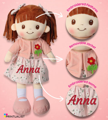 Personalized Rag Dolls for Girls - Custom 16 Inches Soft Plush Snuggle Baby Doll for Toddlers Stuffed Toys - Muecas de Trapo Personalizadas para Nias - Pink Floral Dress