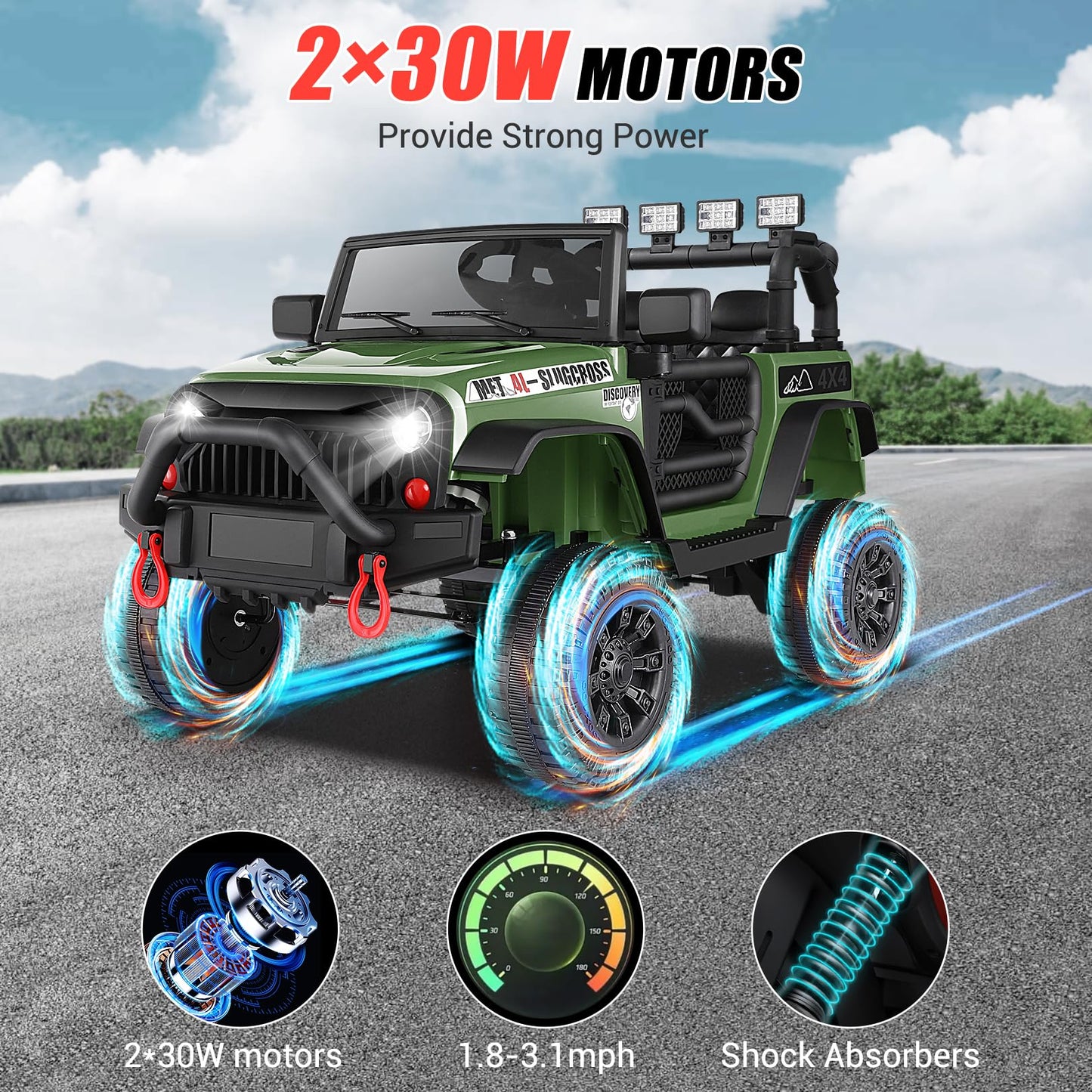 Hikole Ride On Car Truck, 12V Battery Powered Kids Electric Car W/ 2.4 Ghz Parental Remote Control,Spring Suspension,Led Lights,