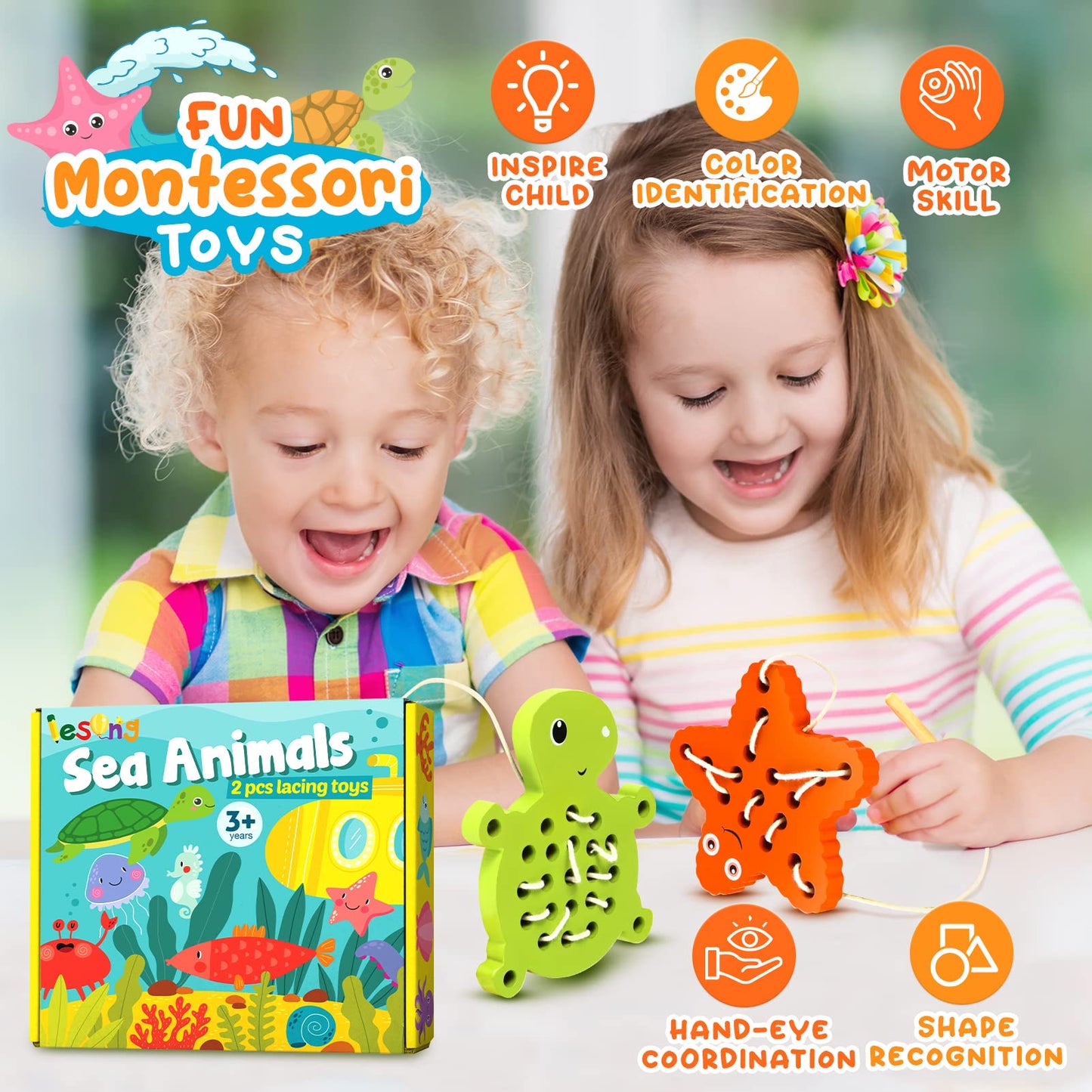 Klt Wooden Lacing Threading Toys For Toddlers Fine Motor Skills, 1 Turtle 1 Starfish Car Airplane Toddler Travel Toys, Wood Puzzle Educational Gifts Learning Montessori Toys For 3, 4, 5 Years Old Kids