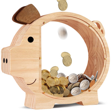Piggy Bank For Kids Money Saving,Wooden Piggy Bank For Boys Girls,Unbreakable Piggy Bank With Letter Stickers,Diy Name Personali