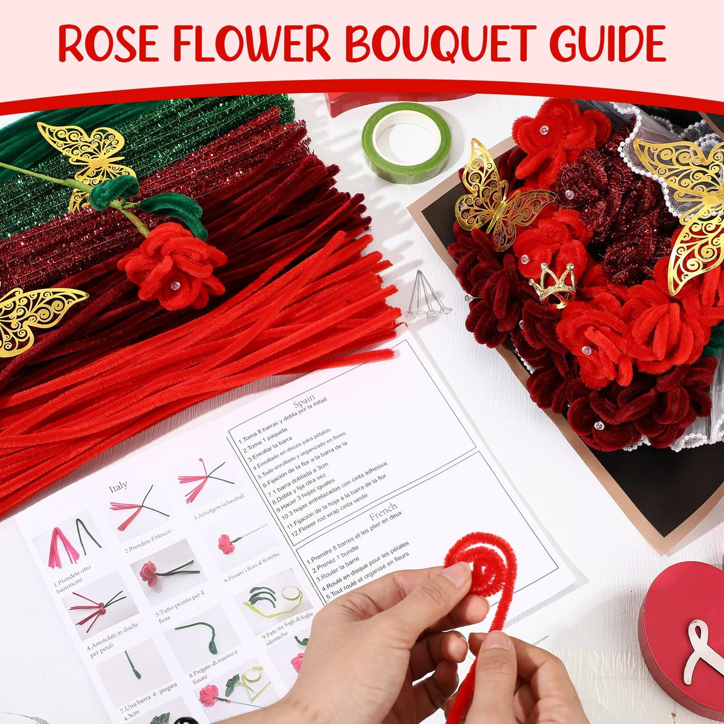 Sinload 290 Pcs Pipe Cleaners Flower Bouquet Craft Kit for DIY Bouquet with Tutoria and Flower Wrapping Paper Fluffy Pipe Cleane