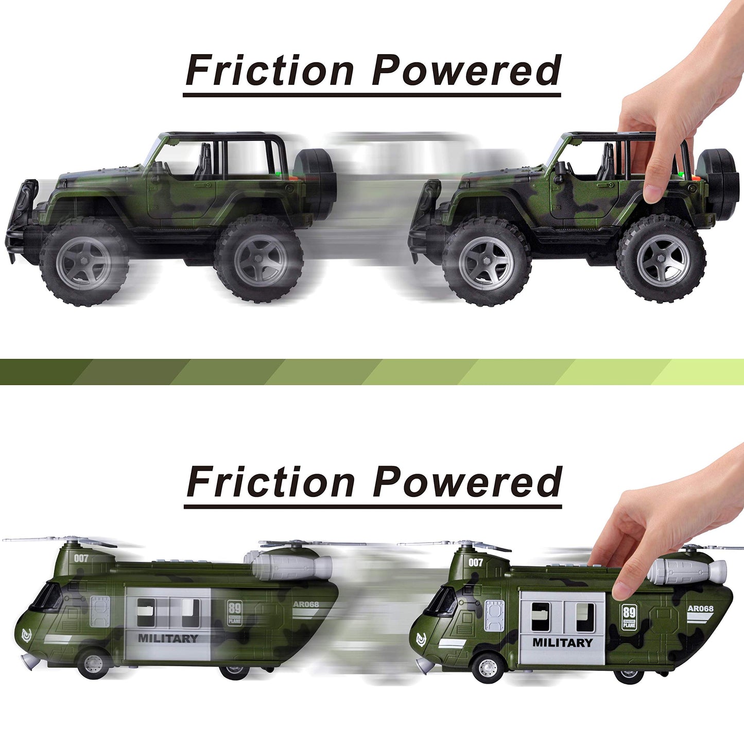 JOYIN Military Vehicles Toy Set of Friction Powered Transport Helicopter and Military Truck with Light and Sound Siren and Army Men Soldier Action Figures for Kids  Presents for Kids