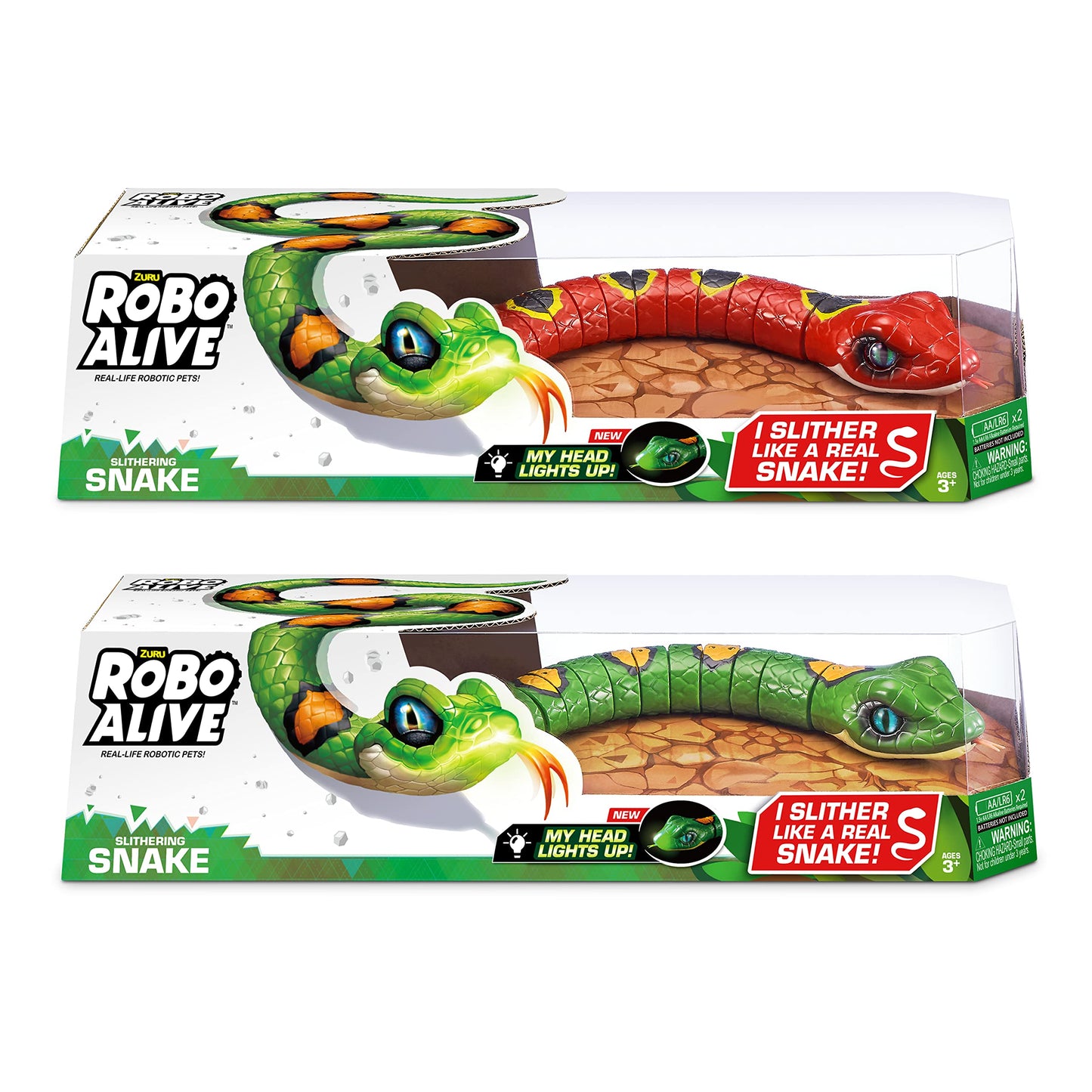 Robo Alive Slithering Robotic Snake Toy 2-Pack - Realistic Movement, Multi-color, Model 7168, Plastic