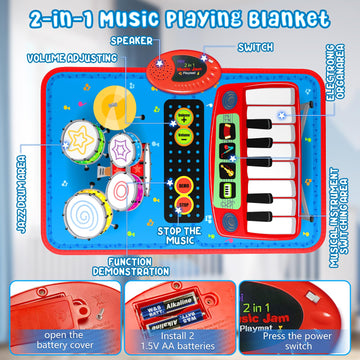 2-In-1 Musical Mat Toys For 1 Year Old Boy, Piano Keyboard & Drum Set With 2 Drum Sticks, Early Educational Musical Learning Toy