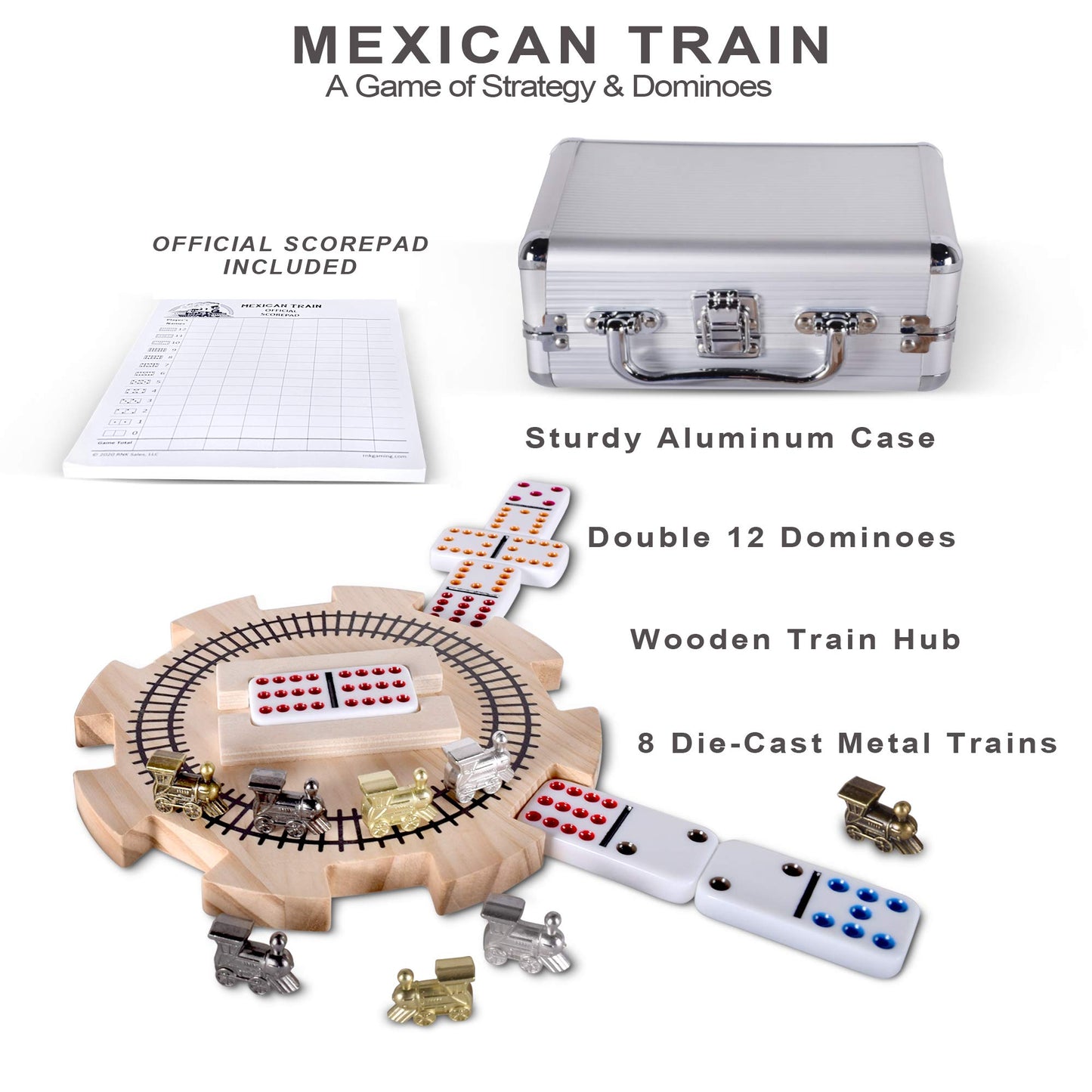 RNK Gaming Double 12 Mexican Train Dominoes Set with Wooden Hub, 8 Metal Trains, Aluminum Case, Multi-Color Dots