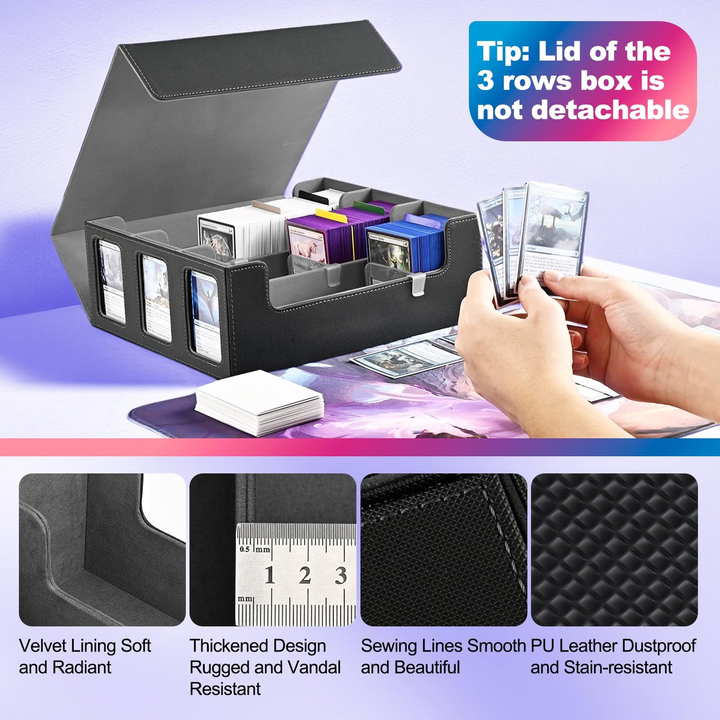 Uaono Card Storage Box For Trading Cards, 1800+ Commander Deck Box For Mtg With Display Window, Toploader Card Case Fits Magic Tcg Ptcg Sports Cards; 10 Removable Divider Tabs, 3 Stoppers (Black)