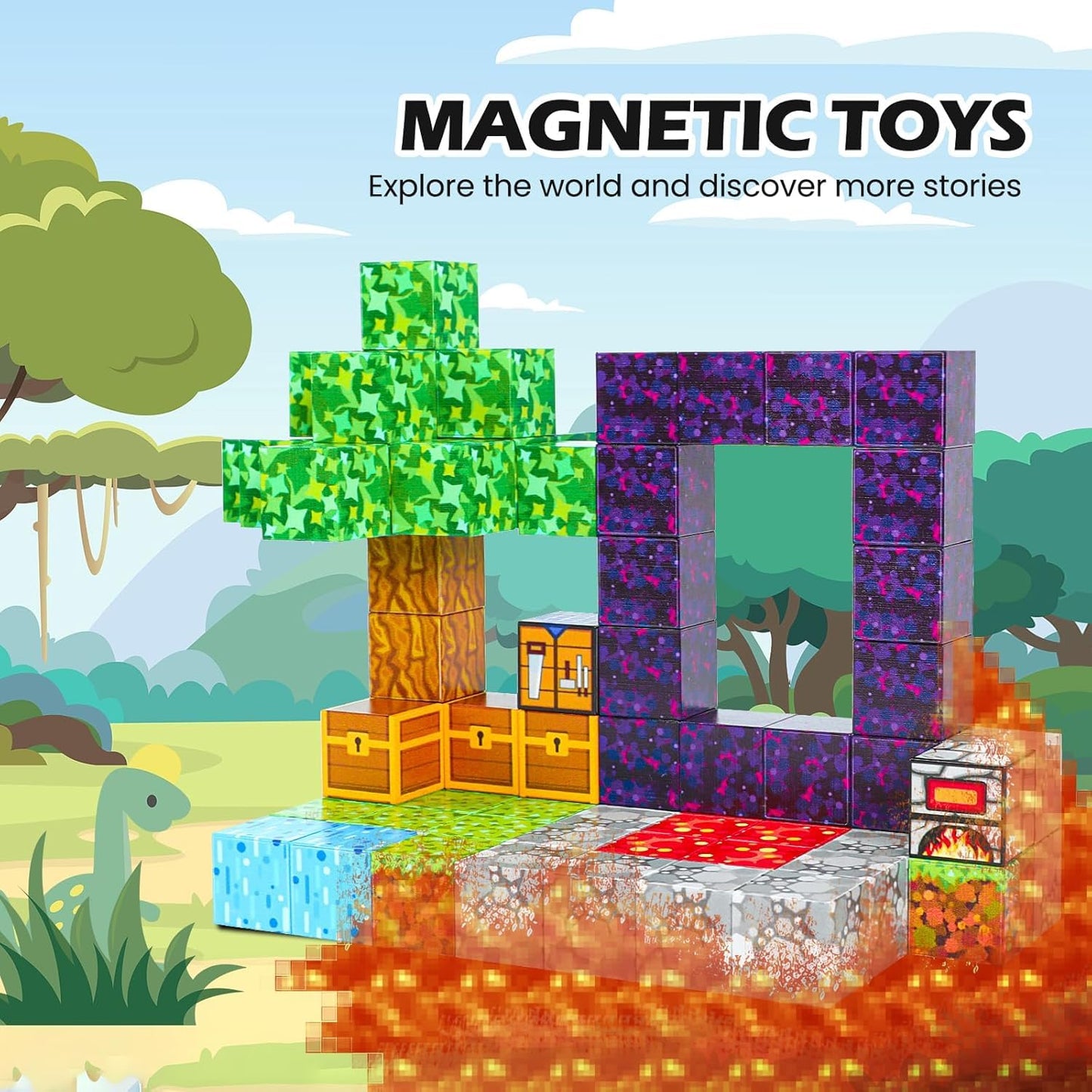 Kid Odyssey Magnetic Blocks - Mine Magnet Portal World Set, Magnetic Tiles Building Toys For Boys & Girl, Magnetic Montessori To