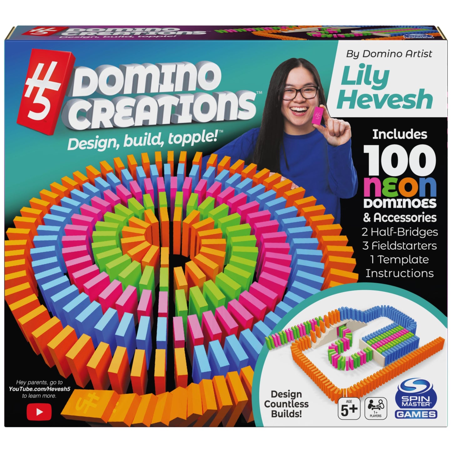 H5 Domino Creations 100-Piece Neon, Kids Games For Game Night, Building Toys For Outdoor Games, Lily Hevesh Dominoes Set For Adu