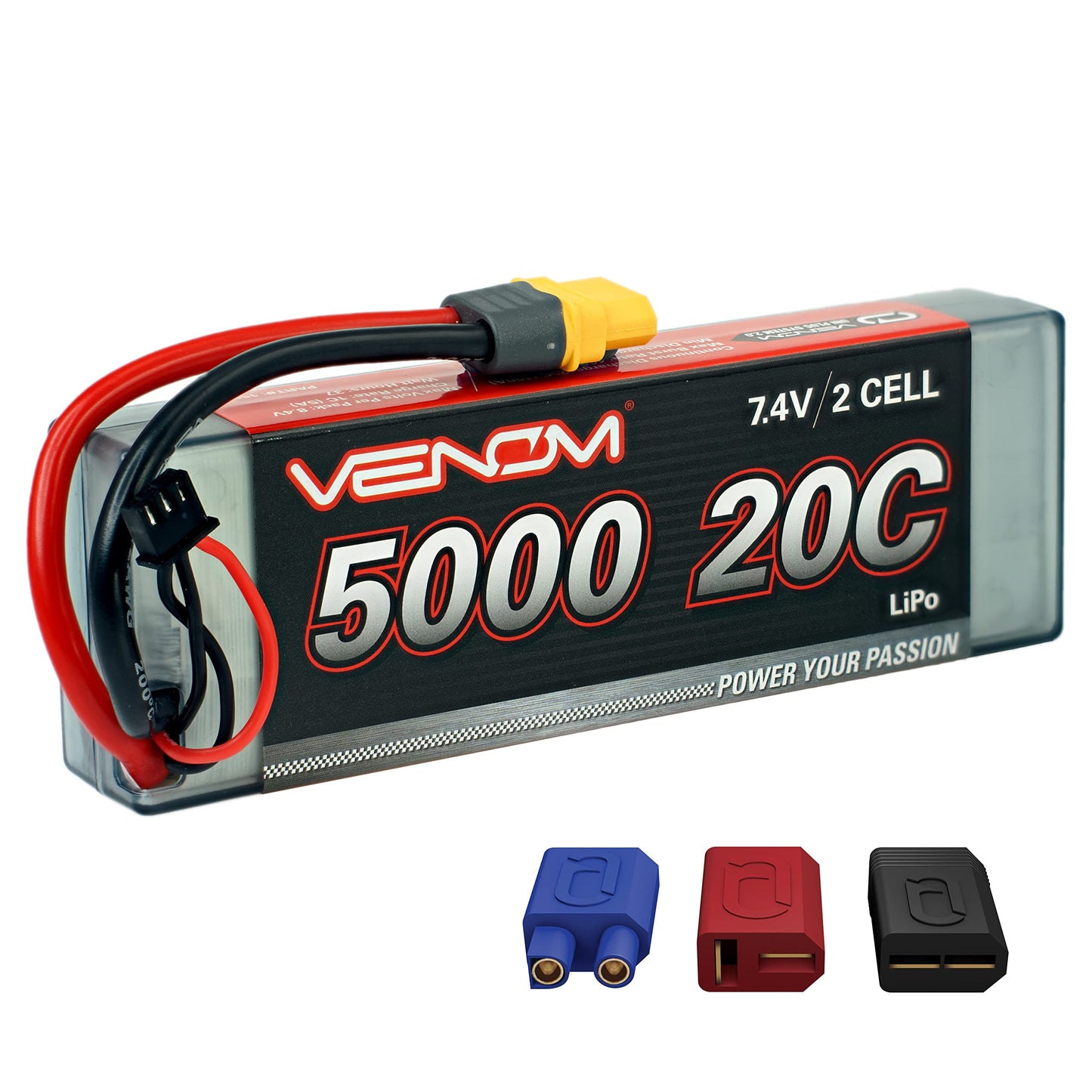 Venom Drive Series 20C 2S - 5000mAh 7.4V LiPo RC Battery - Universal 2.0 Plug, Lithium Polymer 2 Cell - Soft Silicone Connector