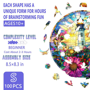 Wooden Puzzles for mature-themeds  Stained Glass Lighthouse Puzzle  Unique Shaped Wooden Jigsaw Puzzle  Wood Puzzles mature-themed Flower Seaside  Perfect for Birthday Gift  Wall Art Room Decor (S-8.5*8.3in-100 pcs)