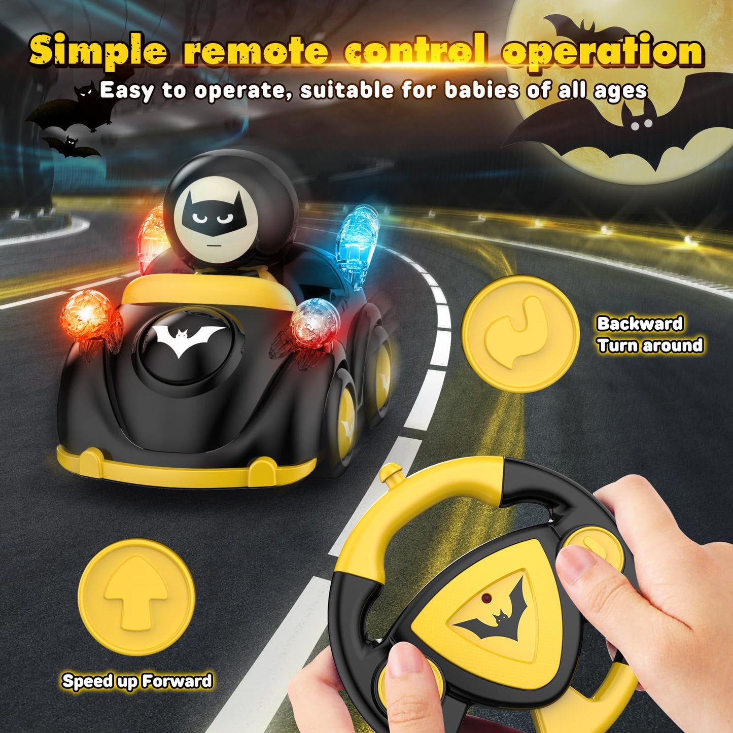 NQD Bat Remote Control Car for Toddlers, RC Cars with Music and Lights, ABS Material RC Cartoon Race Car Toys for Kids Birthday