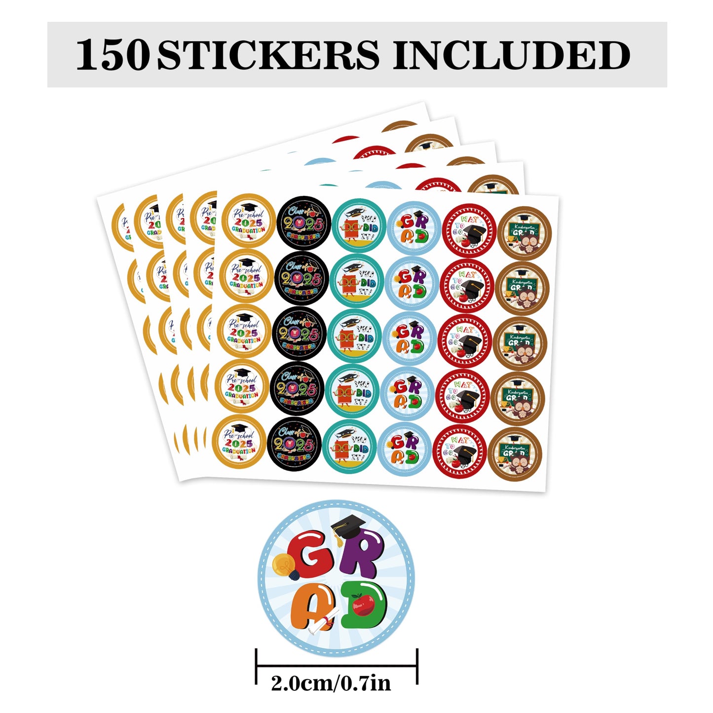 150PCS Kindergarten Graduation Round Candy Sticker, 6 Designs Preschool Stickers Cartoon Teacher Reward Sticker Good Job Labels