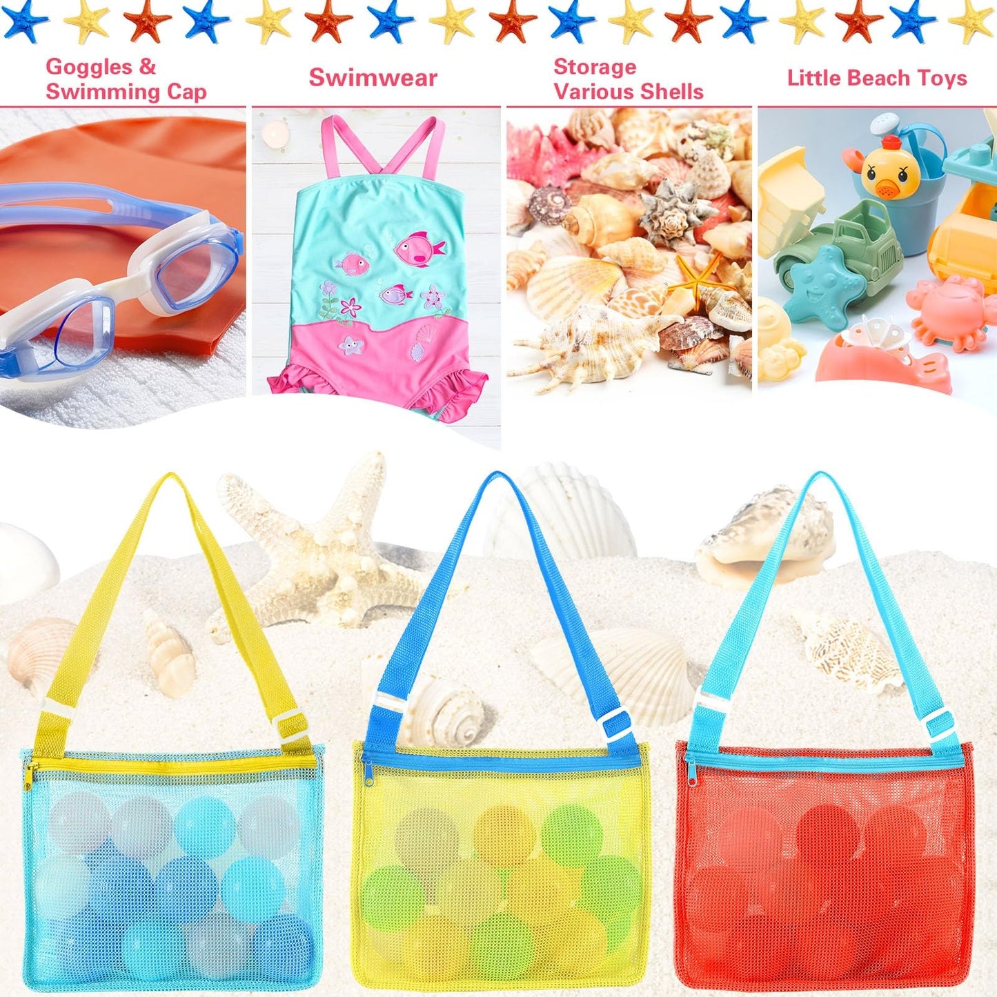 MARFOREVER 3 Pack Beach Toys Mesh Beach Bag Seashell Bag Sand Toy Shell Collecting for Holding Shells Swimming Pool Storage with