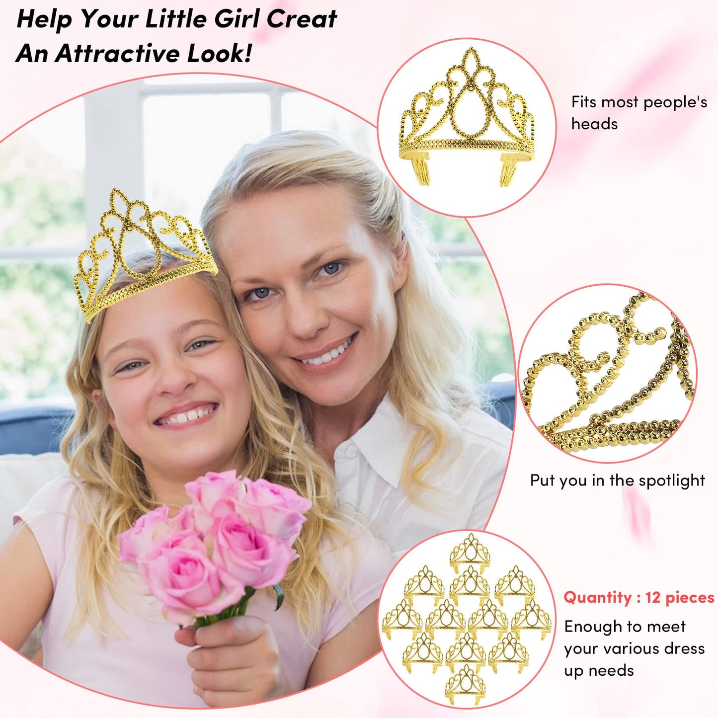 12 Pieces Princess Crowns for Girls Princess Crowns and Tiaras Dress up Costume Party Favor Accessories Gold Tiaras for Girls We