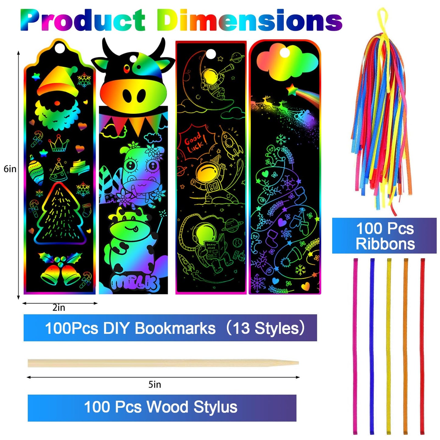 Tcvents 100 Sets Scratch Art Bookmarks Making Kit Valentine Cards for Kids, Scratch DIY Animal Bookmarks Bulk with 100 Ribbons a