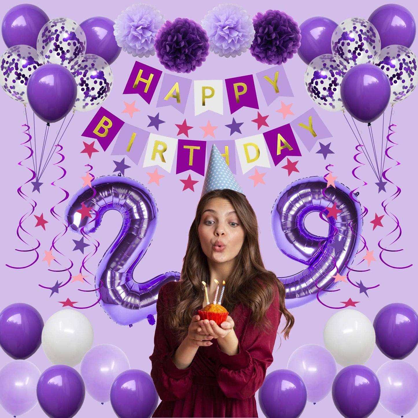Naninuneno 29Th Birthday Decorations For Girls, Purple 29 Happy Birthday Balloons Supplies Including Purple Happy Birthday Banne