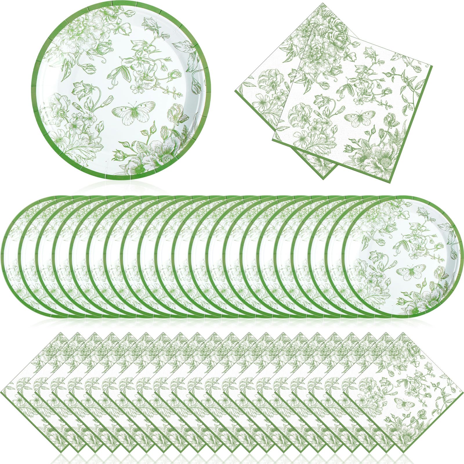 Zhehao 120 Pcs Disposable Paper Plates and Napkins Bulk Birthday Party Decorations Wedding Party Supplies(Green,Green Flowers)