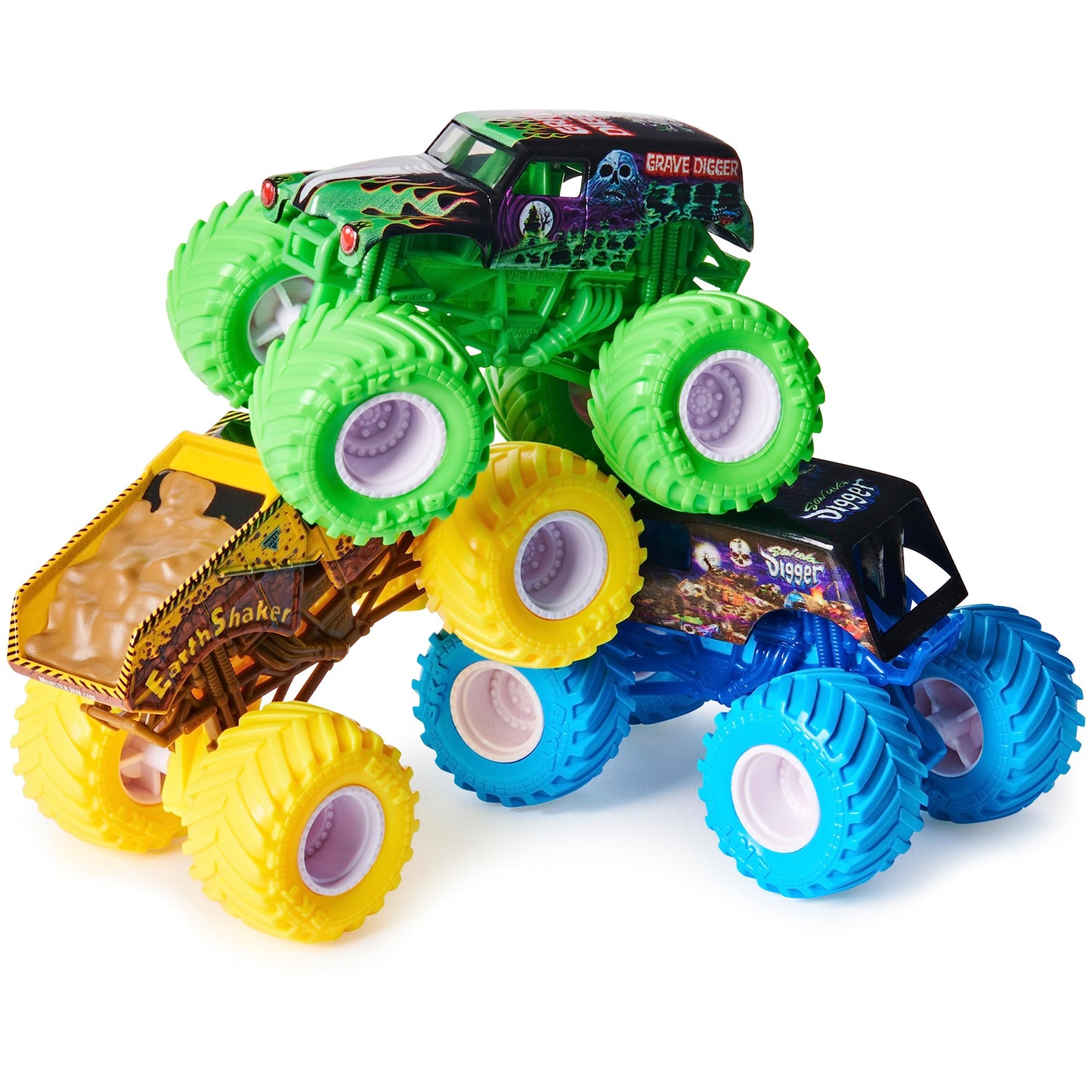 Monster Jam Charged Crushers 3-Pack - 1:64 Scale, Plastic, Grave Digger, Son-Uva Digger, Earth Shaker, Model 6053858
