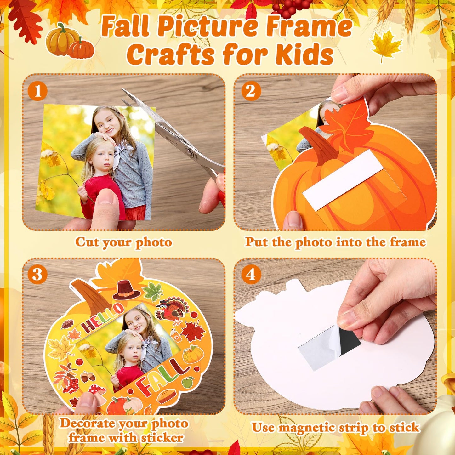 Blosssound 24 Sets Thanksgiving Fall Picture Frame Craft Kits Thanksgiving DIY Photo Frames with Stickers Pumpkin Photo Autumn G