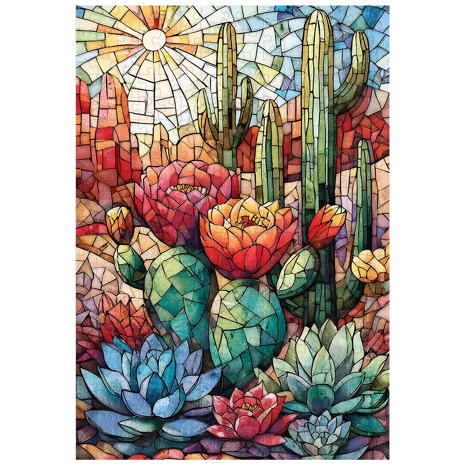 Great Jigsaw Puzzles for mature-themeds 300 Pieces Stained Glass Cactus Puzzles for mature-themeds Toys Gift Family Decoration Kids Puzzle