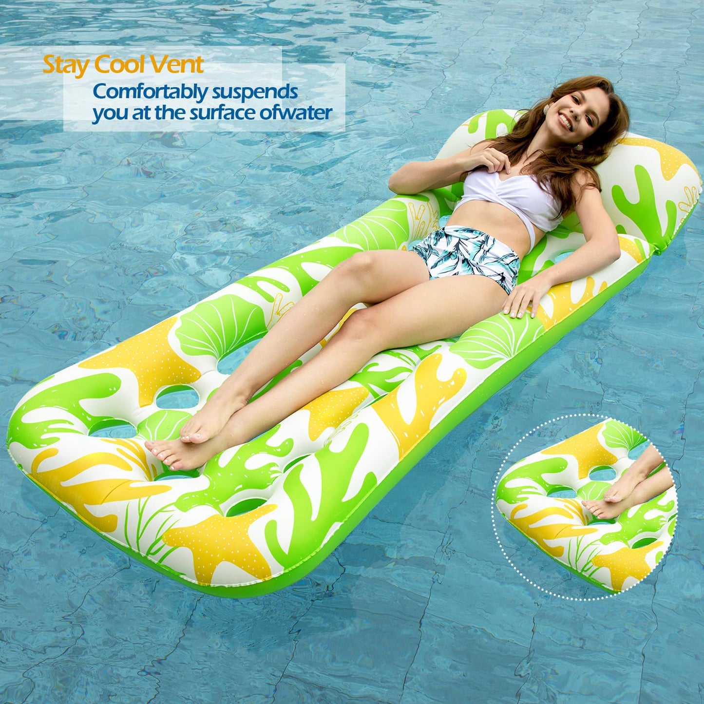 Jasonwell Inflatable Pool Float Lounge - 2 Pack, 71"x31", Vinyl, Blue&Beige, Model CPLF-180OBG2, Perfect for Lake & Beach Parties