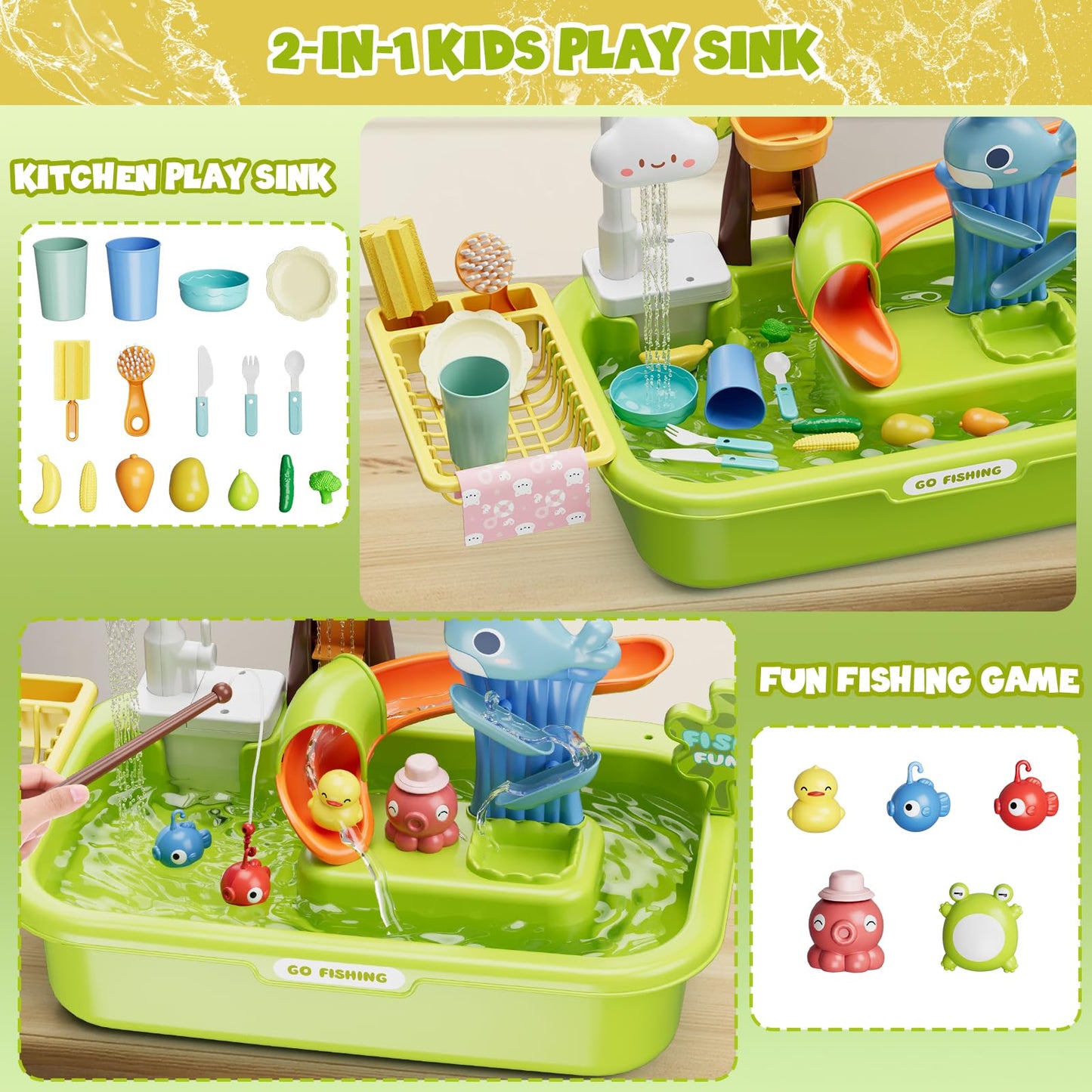 Wee Wonders 3 In 1 Play Sink With Running Water, Play Kitchen Sink Toy With Electric Faucet/Play Food/Pool Toys/Fishing Game, Pr
