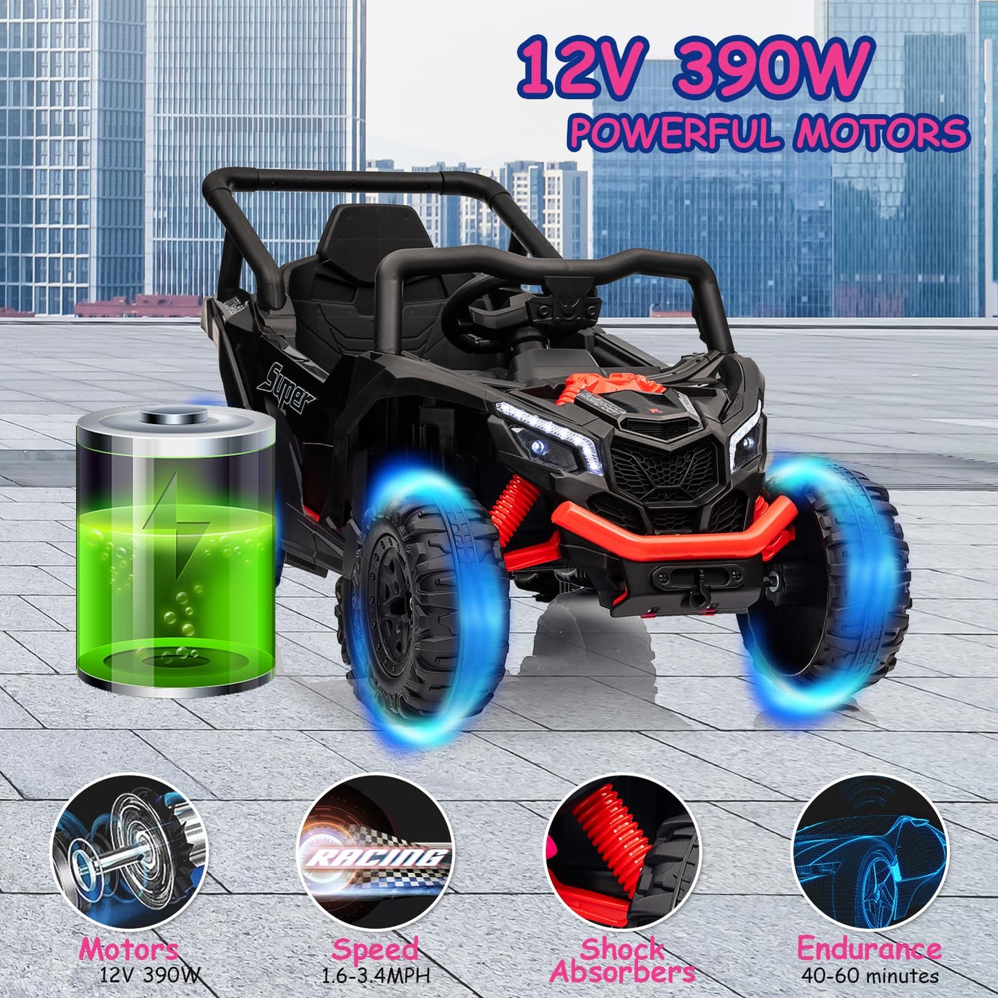 Run Fast 12v Ride on Car with Parent Remote Control Electric Ride on Toys Car for Kids 3-5 2WD 25W Motors 4 Spring Suspension Safety Belt Horn Music and LED Lights(Black  12V)