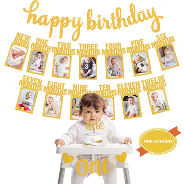 1St Birthday Baby Photo Banner, Happy Birthday Banner, First Birthday Decorations For Boy Newborn To 12 Months, 17Pcs Monthly Mi