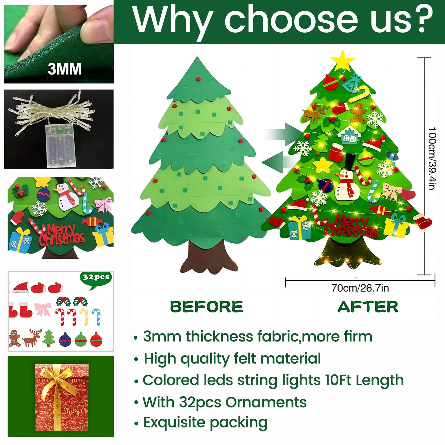LNV Felt Christmas Tree with 32pcs Ornaments Xmas Decorations,Kids Christmas Tree with LED Light Wall Hanging Felt Christmas Tre