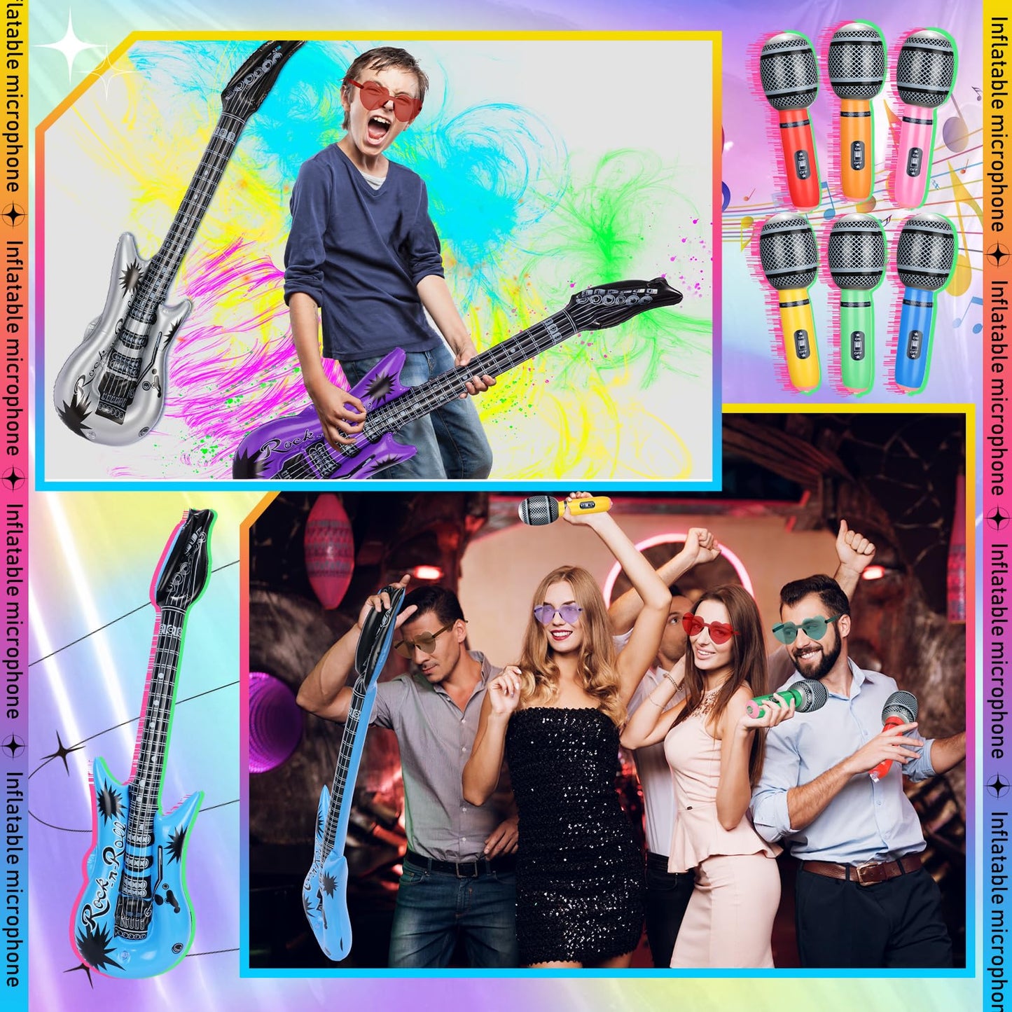 Chitidr 36 Pcs Inflatable Rock Star Toy Set Include 12 Inflatable Guitars 12 Inflatable Microphones 12 Colorful Heart Shaped Sun