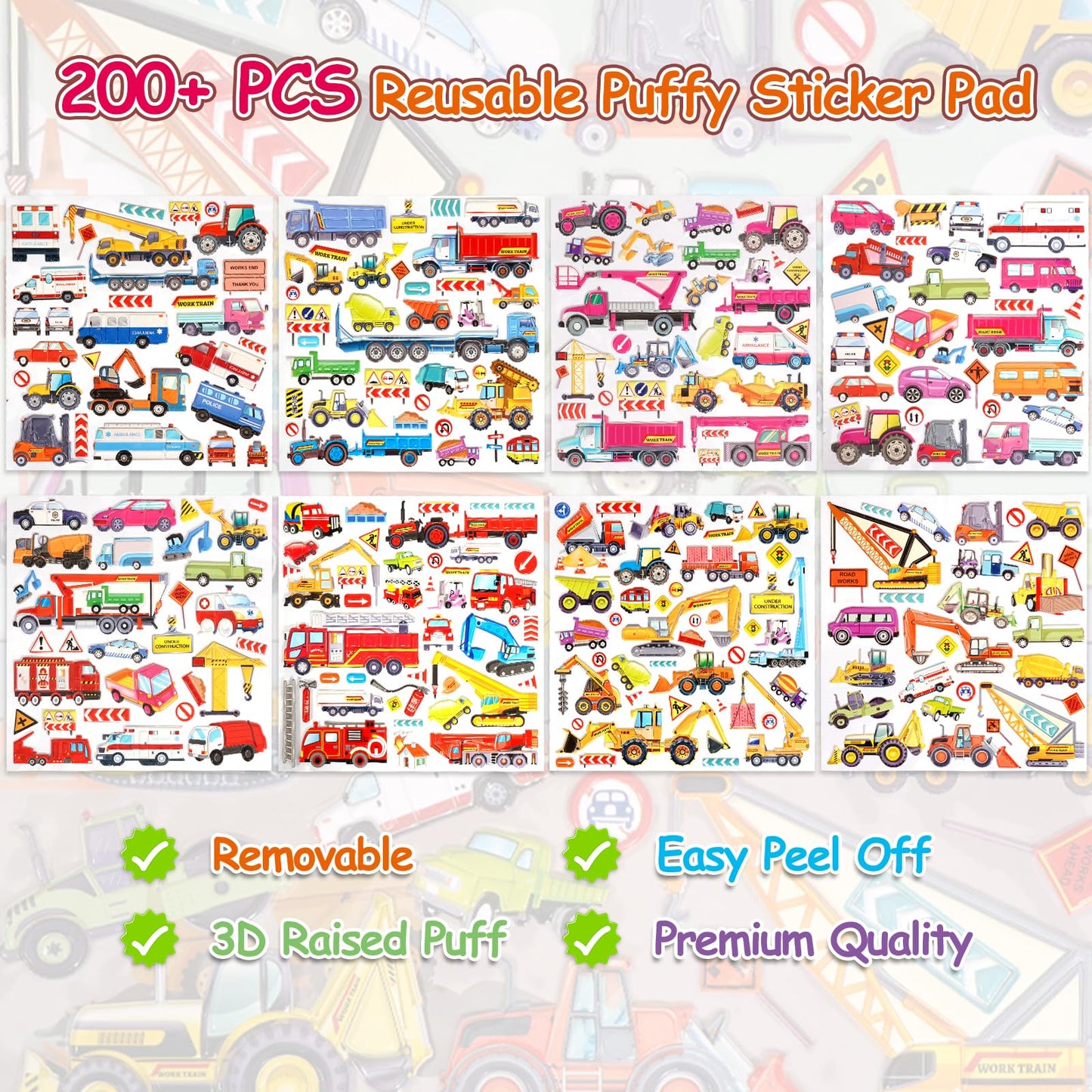 Jactales Construction Truck Puffy Stickers for Toddlers Kids - 8 Sheets of 3D Vehicle Stickers Featuring Cars, Excavators, Tract