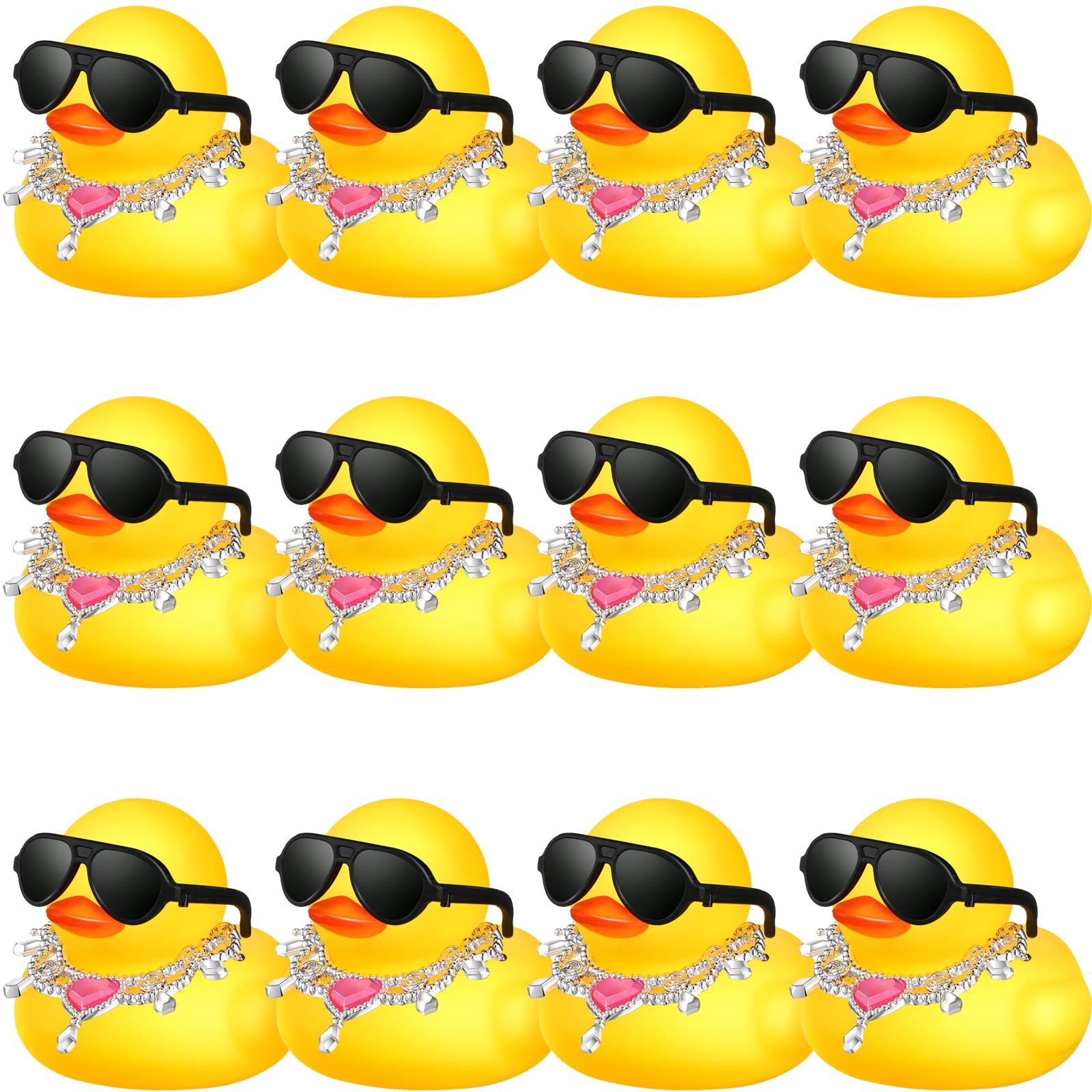 Chivao 12 Pcs Mini Rubber Ducks With Sunglasses/ Glasses And Hats/ Necklace, Cruise Rubber Ducks In Bulk Small Bathtub Toy For Hiding Party Favor(Fancy Style,Yellow)