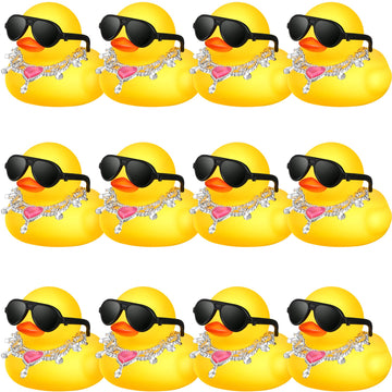 Chivao 12 Pcs Mini Rubber Ducks With Sunglasses/ Glasses And Hats/ Necklace, Cruise Rubber Ducks In Bulk Small Bathtub Toy For Hiding Party Favor(Fancy Style,Yellow)