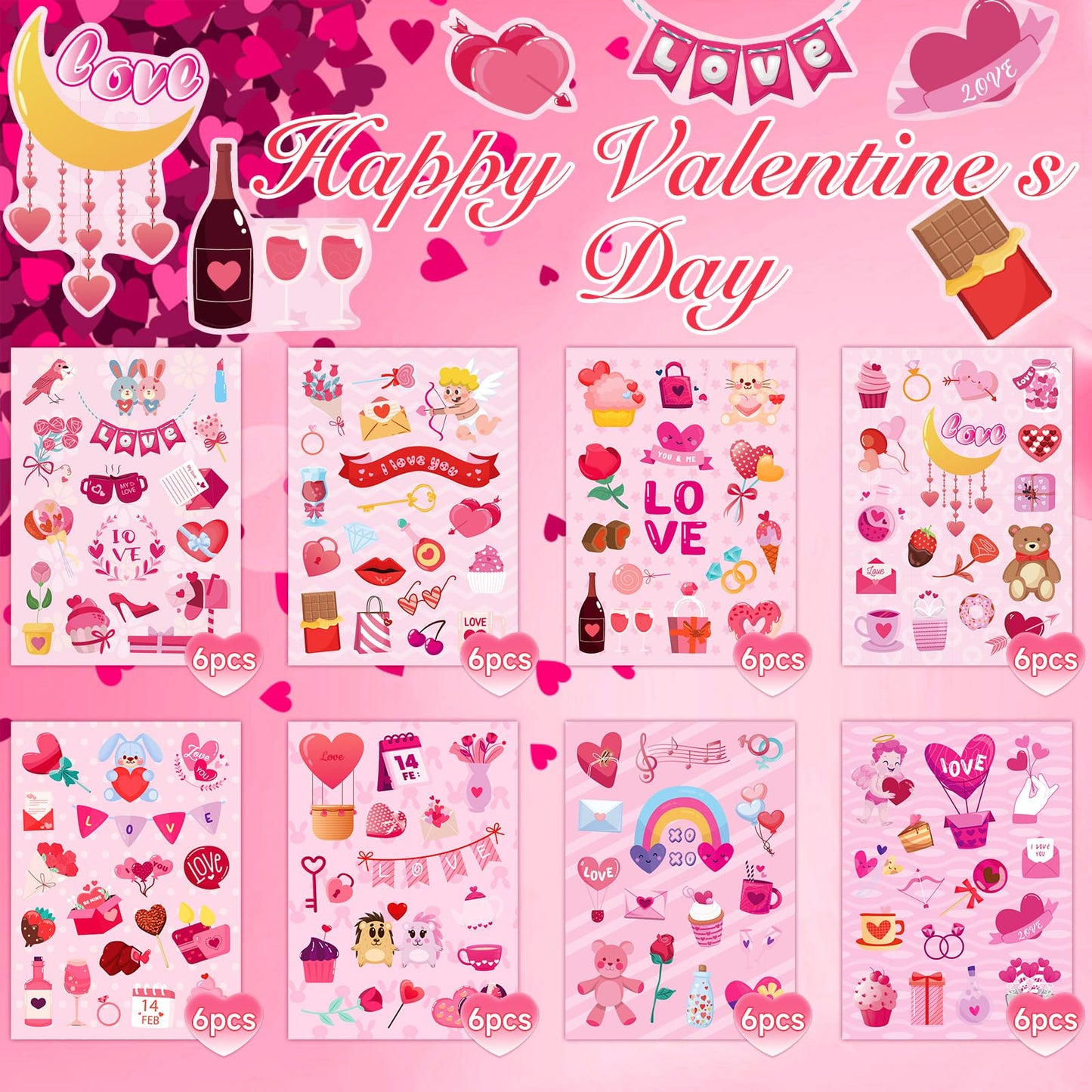 UPINS 48 Sheets Valentine Heart Stickers, Colorful Heart Stickers Kids Valentine Stickers for Labels Scrapbook Love Wedding Part