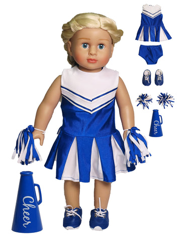 American Fashion World Blue Cheerleading Outfit for 18-Inch Dolls | Accessories Included | enhanced Quality & Trendy Design | Dolls Clothes | Outfit Fashions for Dolls for Popular Brands
