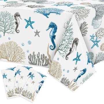 G1ngtar 3Pcs Ocean Seashell Party Tablecloths - Coastal Beach Summer Disposable Plastic Waterproof Rectangular Table Covers Star