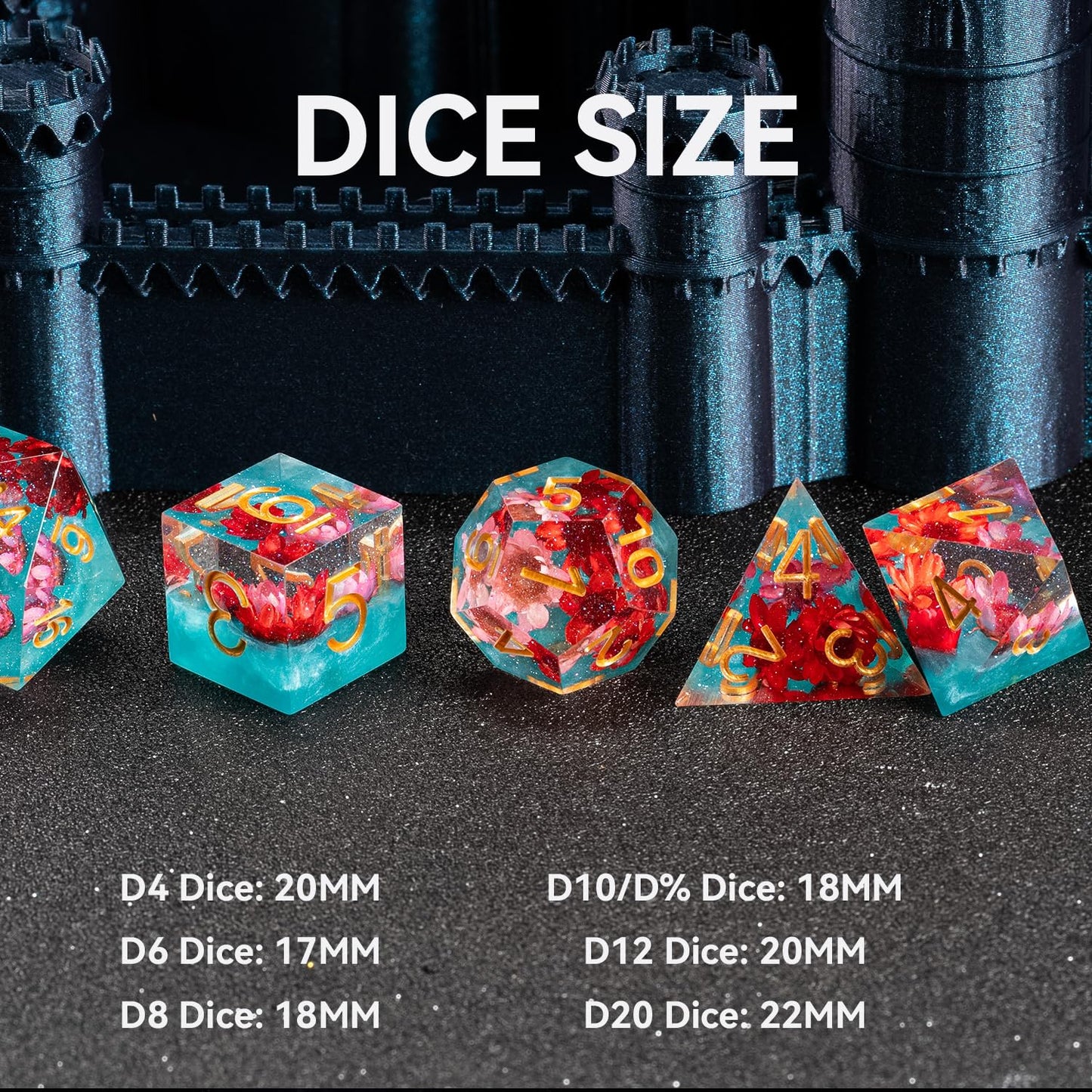 FugaCity 7-Piece Resin Polyhedral D&D Dice Set with Gift Case (Red Flower & Blue, Standard Size)