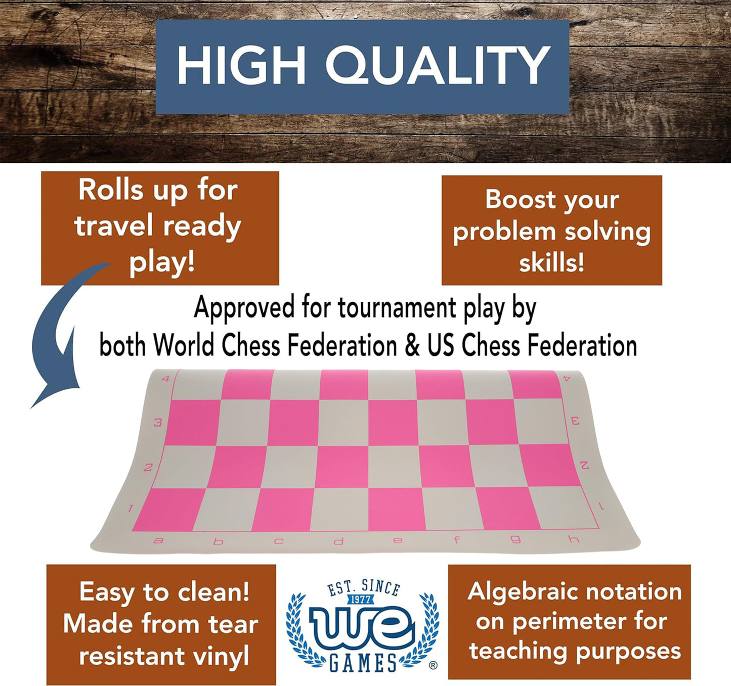 WE Games Vinyl Chess Board - Tournament Roll Up, Pink, Model 052122