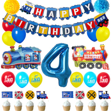 Train 4St Birthday Decorations Boys Train, 4 Years Old Birthday Party Supplies With Number 4 Foil Balloons Train Birthday Banner