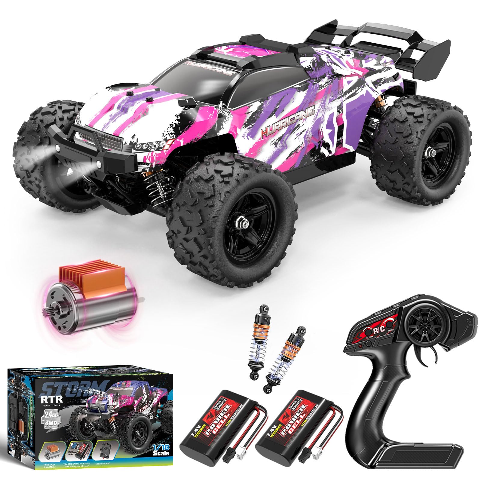 YESHIN 1:18 Waterproof Pink RC Car Toys, 4X4 All Terrain Hobby Remote Control Truck with 2 Rechargeable Batteries, Toy Vehicle G