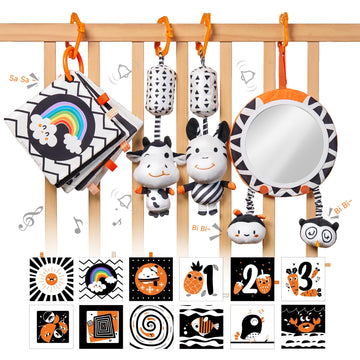 Tumama Black And White Baby Toys, High Contrast Baby Tummy Time Toys, Newborn Soft Books Mirror Rattles, Montessori Sensory Toys 0-12 Months, Hanging Infant Toys For Carseat Stroller Play Mat Crib