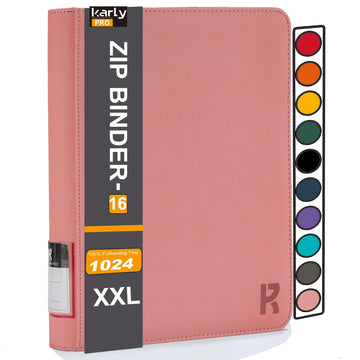 KarlyPro enhanced 1000+ Pockets Card Binder  16-Pocket Ringless Trading Card Album Folder Tag Design -Double Side Loading UltraSonic-32 1024 Tech Zip Binder for TCG-Pink
