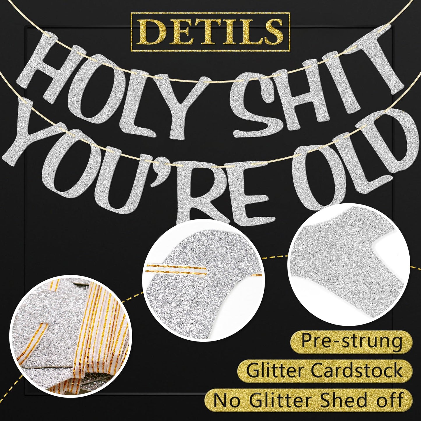 Holy Shit You'Re Old Banner Silver Glitter For 30Th 40Th 50H 60Th 70Th 80Th 90Th Funny Birthday Banner Sign Bunting Party Decor Photo Booth Props (Silver)