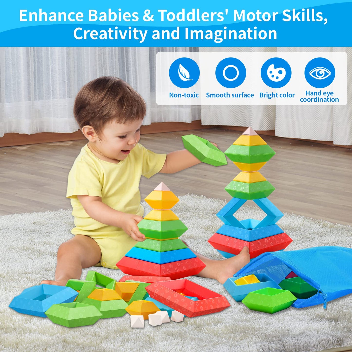 Hieoby Montessori Toys - 30Pcs Building Blocks, Educational STEM Sensory Gifts for Toddlers Age 1-4, Multicolor, 7"x9"x3.7"