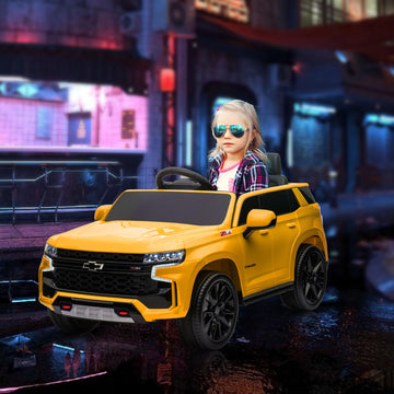 Aosom Chevrolet Tahoe Licensed Kids Ride On Car, 12V Battery Powered Kids Electric Car With Remote Control, 4-Wheeler Suspension, Music, Lights, Horn, For Ages 3-6 Years Old, Yellow