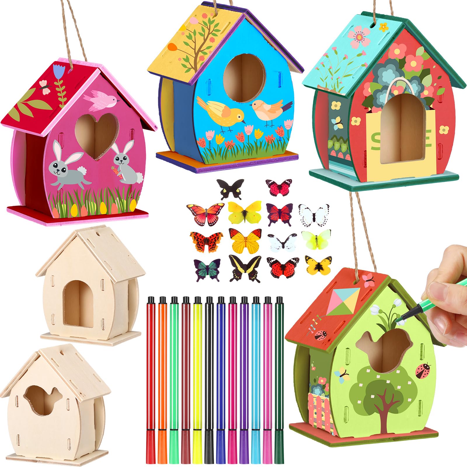 Outus 12 Pcs Wooden Birdhouse Craft Kits to Build, 4 Shapes Wooden Unfinished Bird House with Watercolor Pen and Butterfly Stick
