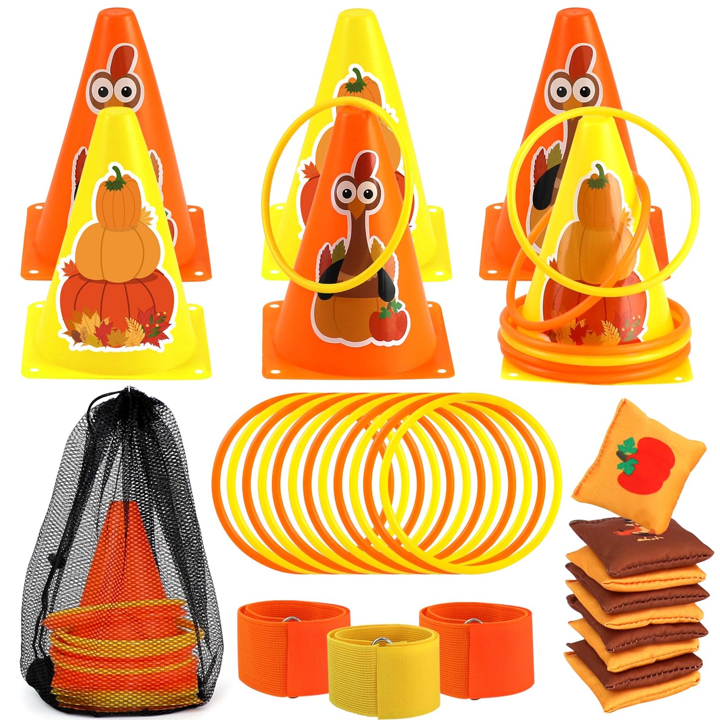 4 in 1 Fall Festival Thanksgiving Party Games with Ring Toss  Plastic Cones  Bean Bags  3-Legged Race Bands  Thanksgiving Games for Family Boy Girl mature-themed Carnival Friendsgiving Outdoor Yard Activities