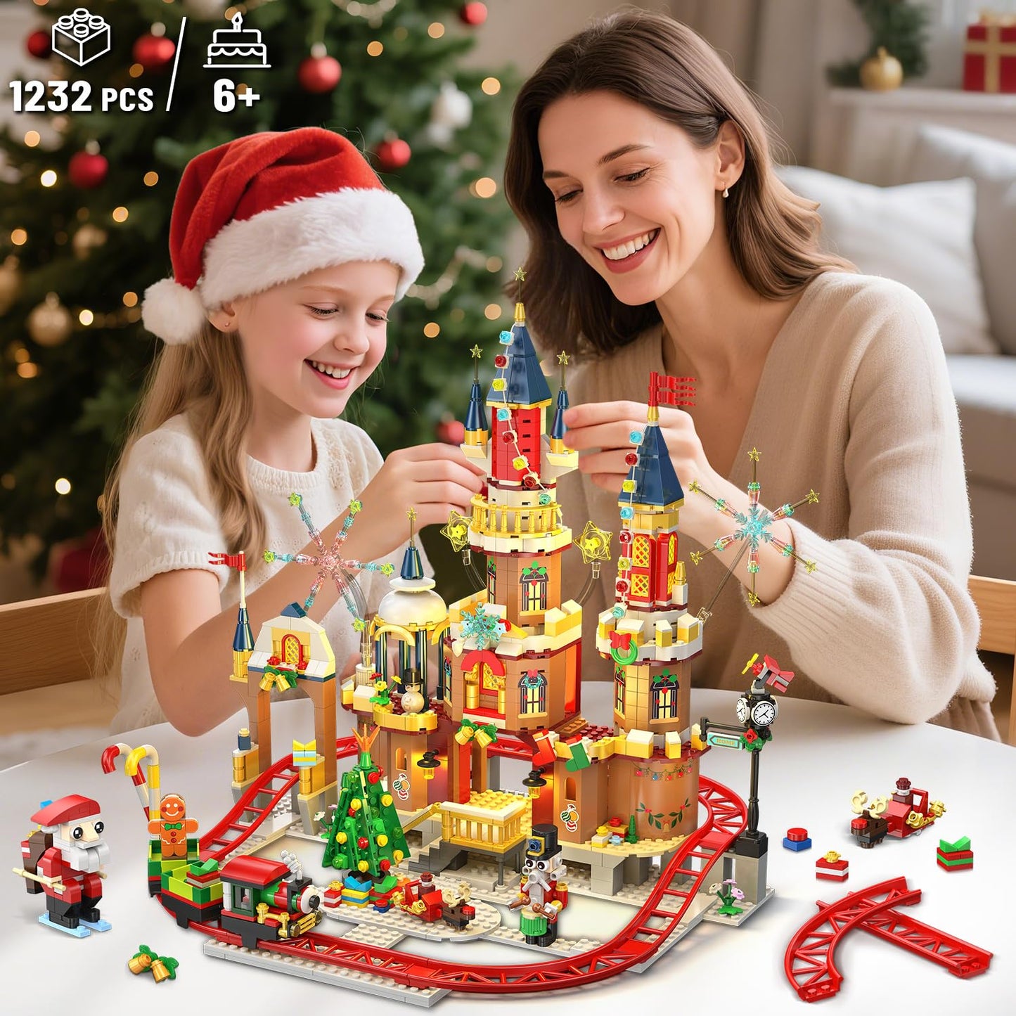 CUBIMANA 2025 Christmas Castle Roller Coaster Building Set with Lights - 1232PCS Christmas Village Rollercoaster Building Blocks Toy House Xmas Train Tree Santa Claus Gifts for mature-themeds Kids Boys Girls