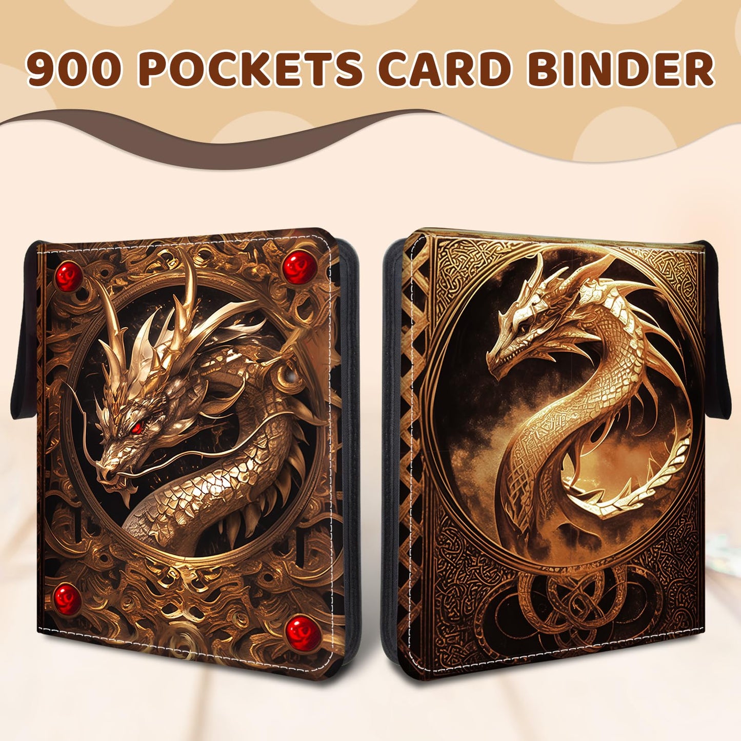 Wazzio Trading Card Storage Album with 50 Durable 9-Pocket Pages  Birthday Gifts for Fathers Day  900 Pocket Card Binder  Gifts for Collector's Album  Golden Dragon Design on Pocket Card Packs